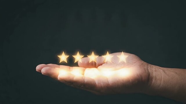 Close-up of an open hand with glowing five star rating icons hovering above the palm, subtle particle glow with slow cinematic push-in, dark neutral background and shallow depth of field in realistic 