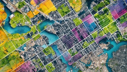 Obraz premium A vibrant aerial view of an urban area with colorful patchwork fields, waterways, roads, and dense city structures.