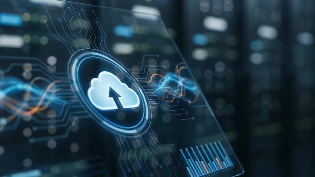 A focused hand gently taps a digital cloud upload button on a futuristic touchscreen, while the camera slowly pans across a high-tech server room, creating a cinematic atmosphere of innovation and con