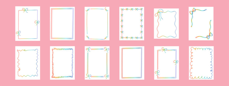 Hand drawn rainbow frame set with doodle borders and bows. Colorful sketch outlines for pride events, greeting cards, posters and kids design templates