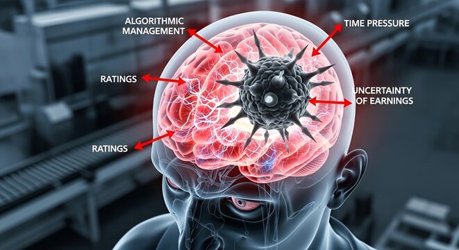  3D Medical Brain Illustration &mdash; Gig Economy Worker Mental Health Destroyed by Algorithmic Management, Rating Pressure, Time Stress and Earnings Uncertainty &mdash; Occupational Burnout Concept