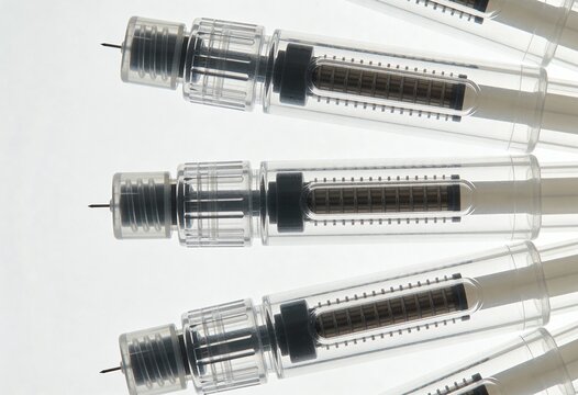 Transparent medical pen injectors with needles. Healthcare and medication delivery devices for insulin, PRP, and hair loss treatment. Copy space