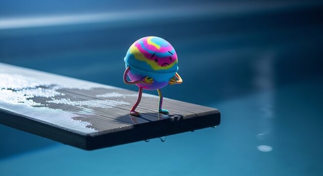 Whimsical Rainbow Character Hesitates on Diving Board Over Pool.