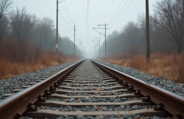 Obraz premium Railroad tracks stretch into foggy distance through bare trees and dry grass. Overhead power lines suggest electrified railway transport. Gloomy mood.
