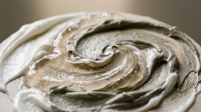 Close Up Of Mixed Swirled Skincare Textures Cream Gel And Clay Mud Mask