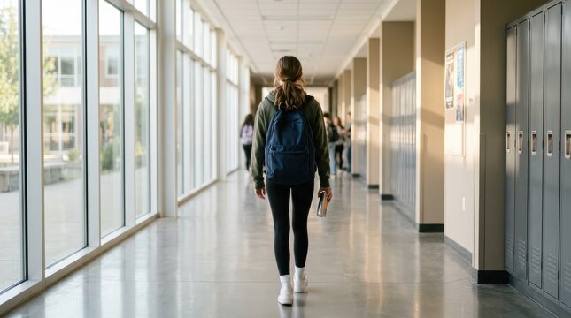 Rear View Of Teen Girl Student Holding Energy Drink Walking In High School Hallway With Backpack