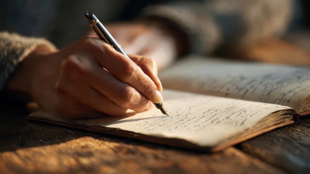 Hand Writing in Old Journal with Fountain Pen on Wooden Desk