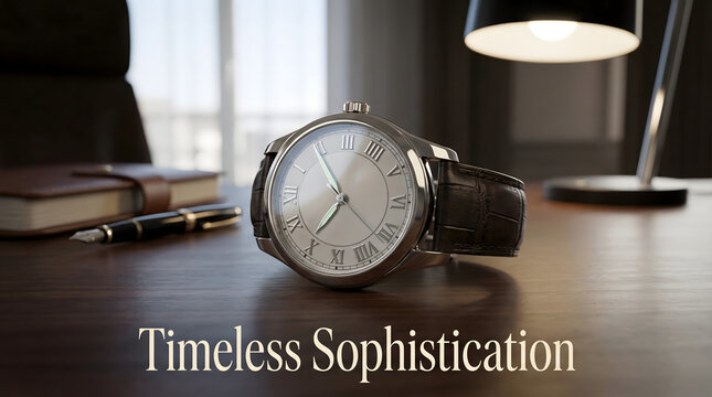 Elegant luxury wristwatch on wooden desk with pen and lamp