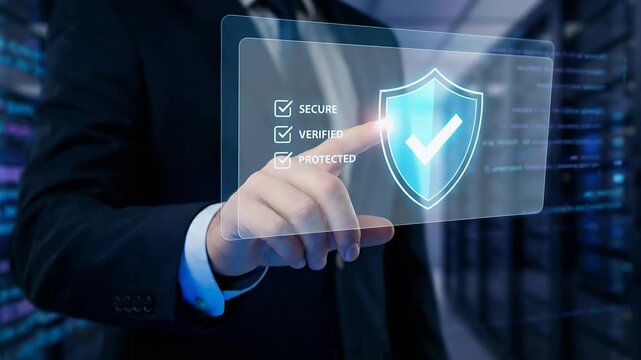 Close-up of a professional touching a glowing blue shield icon with a white checkmark, a digital checklist appears beside the finger, dark corporate background with cinematic lighting, slow camera pus