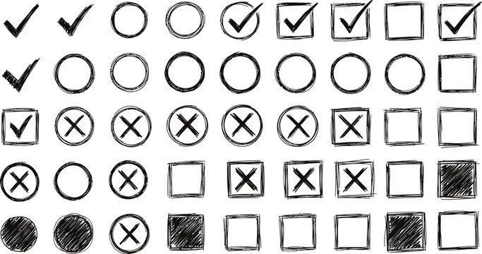 Collection of hand drawn checkboxes and checkmarks a visual representation of choices and completion status