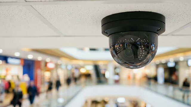 Capture a cinematic scene of a security camera monitoring a bustling shopping mall, with gentle ambient motion of shoppers moving below and a slow, steady pan to emphasize safety and surveillance.