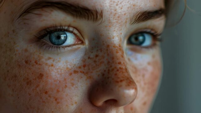 This is a close-up of a woman's face, focusing on her skin and features. Her blue eyes are looking directly at the camera, showcasing her freckled complexion.