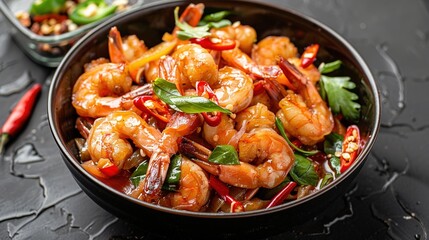 Fototapeta premium Stir-fried Shrimp: Classic Quick Home Cooking, Fresh and Tender Asian Stir-fried Seafood Dish with Simple Ingredients, Delicious Daily Meal Idea