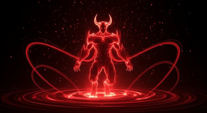 Fiery Demonic Figure with Horns and Multiple Arms Surrounded by Red Energy Rings