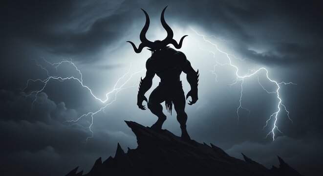Silhouette of a horned demon standing on a rocky outcrop with lightning strikes in a dark, stormy sky