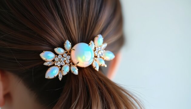 Iridescent opal gemstone hair clip adorns brown hair. Delicate polished facets sparkle, reflecting pastel colors. Mystical elegant accessory secures ponytail with sparkle.