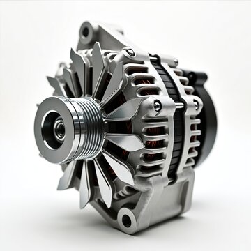 Silver automotive alternator with fan. Close-up on mechanical part for car engine. Shows internal electrical components and metal structure.