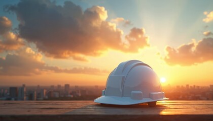Obraz premium White hard hat rests on wooden surface overlooking city skyline at sunset. Safety equipment symbolizes construction industry progress and protection. Golden hour light illuminates scene.