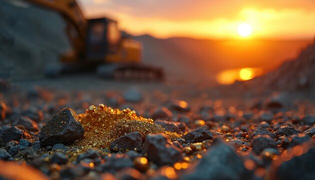 Open pit mine with pile of gold ore nuggets and gravel. Excavator works in background at sunset. Industrial extraction of precious metal in quarry.