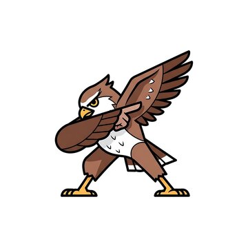 A cartoon bird, posed in a dabbing motion with wings out. The avian creature is brown and white with yellow feet and a pointed beak