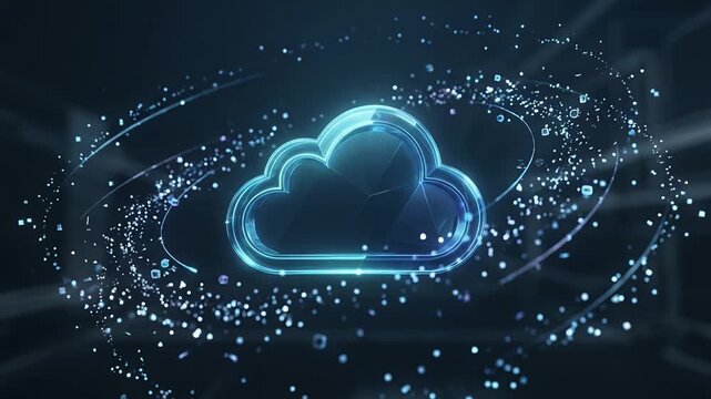 Capture a dynamic 3D cloud icon surrounded by swirling data particles, with a slow zoom-in camera motion, creating a futuristic and cinematic atmosphere for technology and innovation themes.
