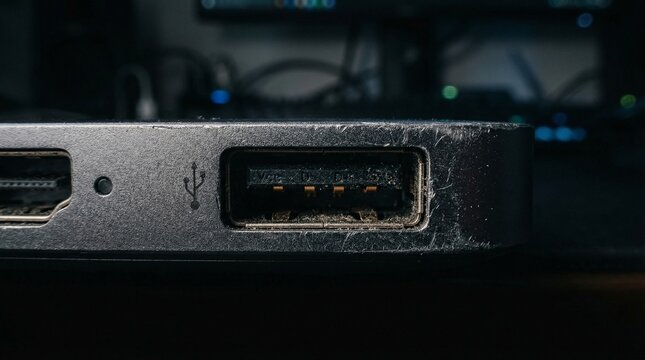 Scratched Electronic Device Port Showing Dusty Usb Connection In Macro