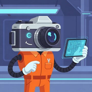 A cartoon camera with a smiling face and arms in a worker's uniform holding a tablet