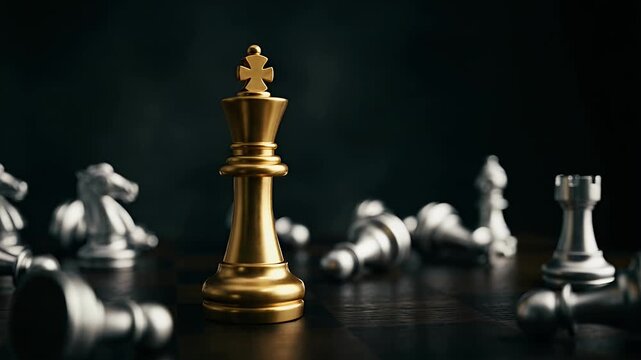 Capture a cinematic close-up of a golden chess king amidst scattered silver pieces, with a slow camera pan revealing strategic depth, conveying the essence of strategy and competition.
