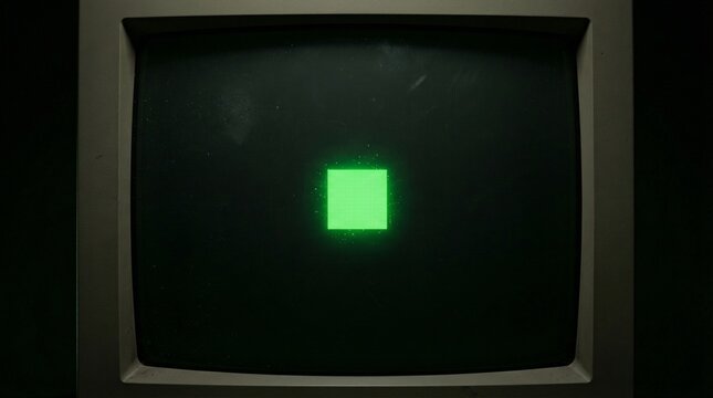 Old Beige Crt Monitor Displaying Glowing Green Square On Black