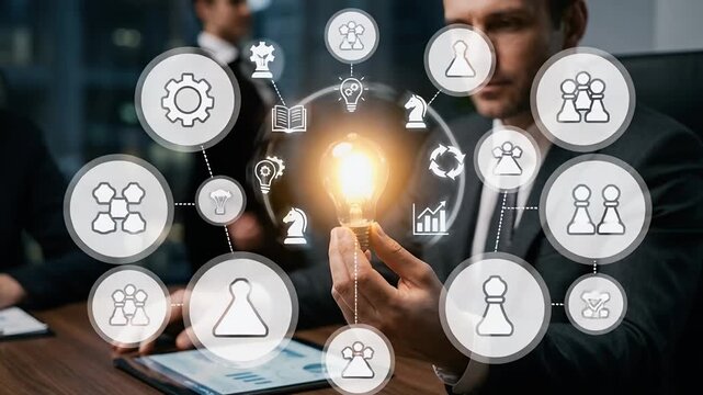 Close-up of a professional holding a glowing light bulb between fingers while the other hand steadies a tablet in the background, subtle digital icons for learning and strategy orbiting the bulb, came