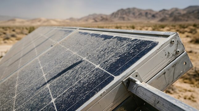 Smothered Energy - Thick grey dust covering blue silicon cells of an abandoned solar panel array in a parched desert (Drought, Obsolescence, Wasteland, Collapse)