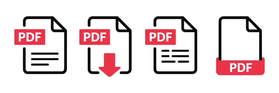 PDF file icons in vector format, including download and document symbols, suitable for texts, images, videos, and interactive forms.