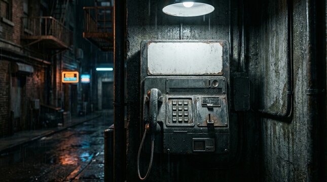 Rusty Public Payphone On Wall In Dark Raining Urban Alley