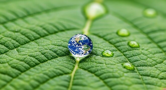 A single water droplet on a vibrant green leaf showcases a tiny reflection of the earth surrounded by more droplets on the textured leaf surface.