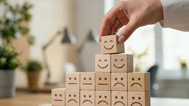 Close-up of a hand placing a smiling face wooden block on top of a row of neutral and sad face blocks forming a layered structure, subtle upward motion completing the positive top layer, warm ambient 