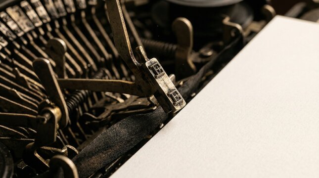Old Mechanical Typewriter Striking Blank Paper In Extreme Close Up