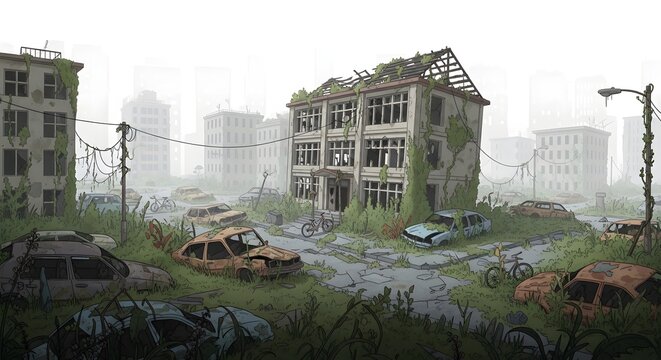 Apocalyptic city landscape with overgrown buildings and abandoned cars, post-apocalyptic scene