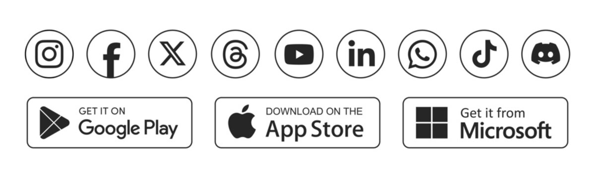 Social media platform icon logo set, Instagram, X, facebook, tiktok, youtube. Google Play, App Store and Microsoft Store download App buttons