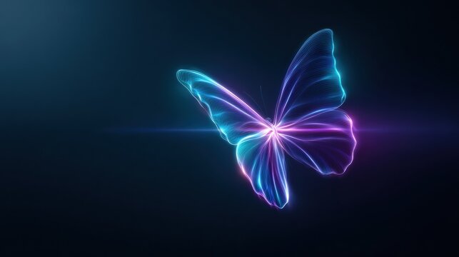 Glowing neon butterfly light trail on dark blue background futuristic luminous digital illustration