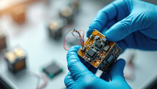 Person in blue gloves assembles electronic circuit board. Tiny components and wires connect. Small cube satellite part is built for space mission. Advanced tech project underway.