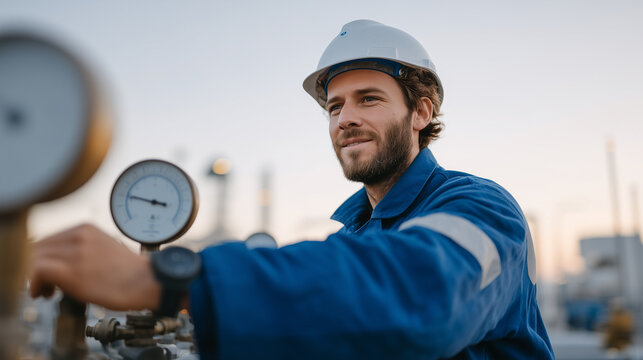 Chemical plant operator reviews pressure gauges and valve systems during blue hour shift, complex petrochemical processing requiring precise monitoring and safety protocol adherence, perfect for ind