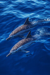 Fototapeta premium playful dolphins jumping in bright blue ocean, pod of dolphins swimming in sunlit sea, dolphins in clear tropical waters under bright sky