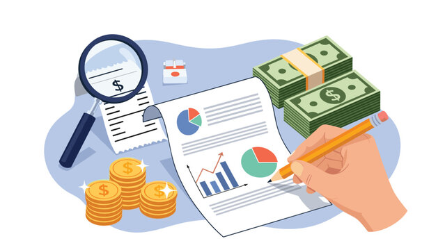 Financial auditing process is illustrated with documents, magnifying glass, stacks of gold coins, and bundles of dollar bills.