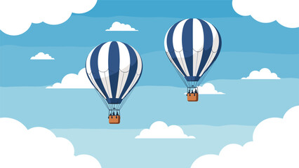 Fototapeta premium Two large blue and white striped hot air balloons floating peacefully among white clouds in a bright blue sky.