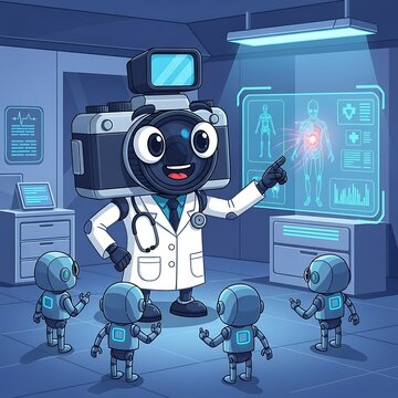 A cartoon camera with medical attire explains something on a touch screen to little robot characters in a lab setting