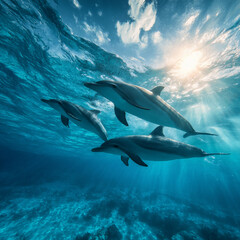 Naklejka premium playful dolphins jumping in bright blue ocean, pod of dolphins swimming in sunlit sea, dolphins in clear tropical waters under bright sky