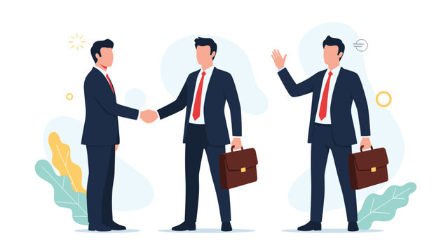 Group of professional businessmen in suits engaged in networking activities like shaking hands and waving hello.