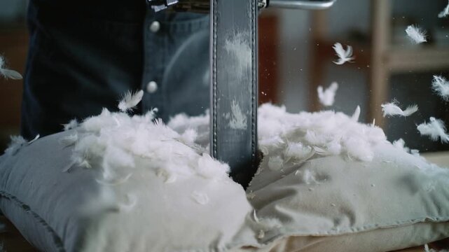 Chainsaw tearing into soft pillow: absurd contrast between violent tool and delicate object creates unexpected visual tension.