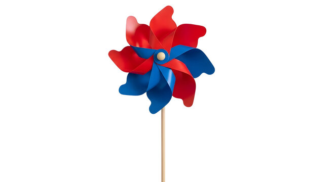 A colorful pinwheel with red and blue petals on a transparent background