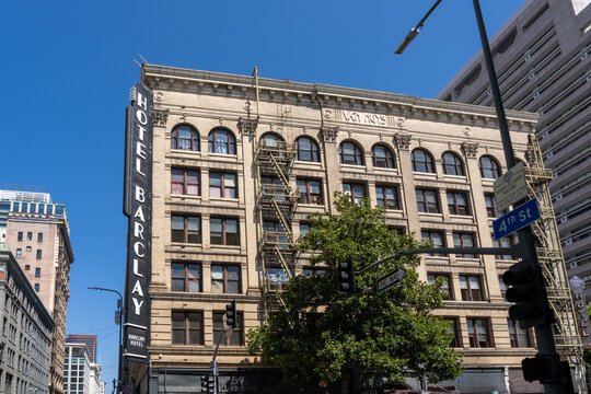 Los Angeles, CA, USA - July 11, 2022: Historic Barclay Hotel located in Downtown Los Angeles at the corner of 4th and Main Street, Los Angeles, CA, USA. Opened in 1897 as the Van Nuys Hotel, it was th